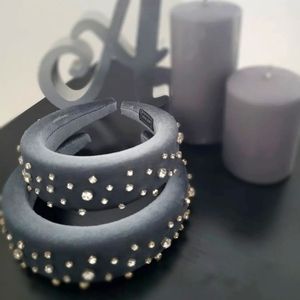 Faux Velvet & Rhinestone Gray Headband